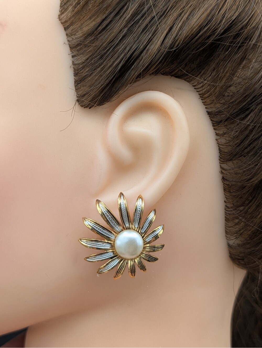 Vintage Two Tone Flower Clip On Earrings Faux Pearl Center Spain Stamped